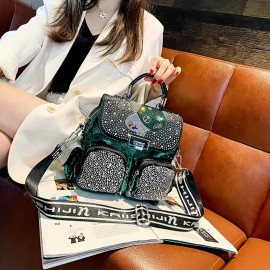 Stylish And Durable Backpack Tote Handbag With Chic Rhinestones For Women, Perfect For Daily Commute And Weekend Getaways, Inspired By Punk Style And Suitable For Travel And School.