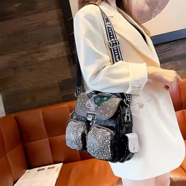 Stylish And Durable Backpack Tote Handbag With Chic Rhinestones For Women, Perfect For Daily Commute And Weekend Getaways, Inspired By Punk Style And Suitable For Travel And School.