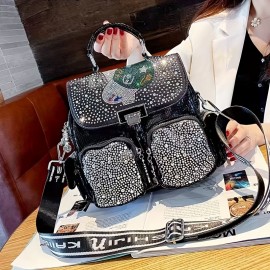 Stylish And Durable Backpack Tote Handbag With Chic Rhinestones For Women, Perfect For Daily Commute And Weekend Getaways, Inspired By Punk Style And Suitable For Travel And School.