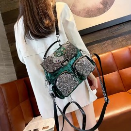Stylish And Durable Backpack Tote Handbag With Chic Rhinestones For Women, Perfect For Daily Commute And Weekend Getaways, Inspired By Punk Style And Suitable For Travel And School.