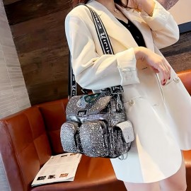 Stylish And Durable Backpack Tote Handbag With Chic Rhinestones For Women, Perfect For Daily Commute And Weekend Getaways, Inspired By Punk Style And Suitable For Travel And School.