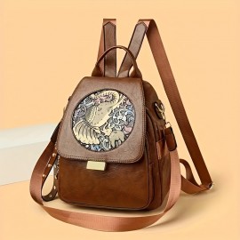 [Artistic Ethnic Print Backpack] Women's Artistic Ethnic Print Backpack | Adjustable Straps, Multiple Compartments, Large Capacity for Travel & Commute | Deep Khaki/Dark Brown/Yellow/Black, Secure Zipper Closure