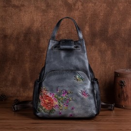 Vintage Large Capacity Casual Backpack Made Of Genuine Leather And Multifunctional Printed Women'S Backpack Handbag