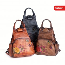 Vintage Large Capacity Casual Backpack Made Of Genuine Leather And Multifunctional Printed Women'S Backpack Handbag