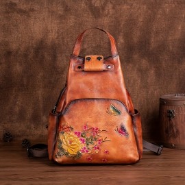 Vintage Large Capacity Casual Backpack Made Of Genuine Leather And Multifunctional Printed Women'S Backpack Handbag