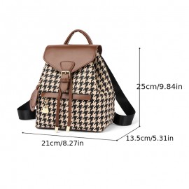 Women's Houndstooth Backpack - Soft Synthetic Black & White Checkered School Bag with Adjustable Straps, Magnetic Closure & Golden-Tone Hardware - Lightweight Backpack for Work, Travel, College - Casual Elegant Handbag, Vintage Aesthetic, Durable Construction, Professional Women