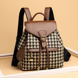 Women's Houndstooth Backpack - Soft Synthetic Black & White Checkered School Bag with Adjustable Straps, Magnetic Closure & Golden-Tone Hardware - Lightweight Backpack for Work, Travel, College - Casual Elegant Handbag, Vintage Aesthetic, Durable Construction, Professional Women