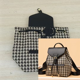 Women's Houndstooth Backpack - Soft Synthetic Black & White Checkered School Bag with Adjustable Straps, Magnetic Closure & Golden-Tone Hardware - Lightweight Backpack for Work, Travel, College - Casual Elegant Handbag, Vintage Aesthetic, Durable Construction, Professional Women