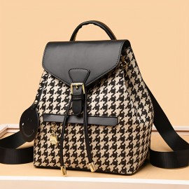 Women's Houndstooth Backpack - Soft Synthetic Black & White Checkered School Bag with Adjustable Straps, Magnetic Closure & Golden-Tone Hardware - Lightweight Backpack for Work, Travel, College - Casual Elegant Handbag, Vintage Aesthetic, Durable Construction, Professional Women