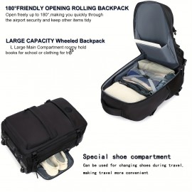 Rolling Backpack for Women, 17-inch Laptop Travel Bag with Wheels, Hand Luggage Wheeled Backpack with Shoe Compartment, Overnight Suitcase Business University Computer Bag