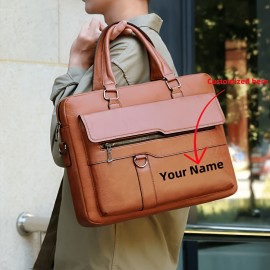 Personalized Name Men'S Briefcase - Large Capacity Synthetic Laptop Bag with Adjustable Strap, Multiple Compartments & Mesh Pockets for Business Travel, Black