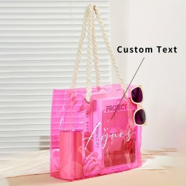 [1pc Customizable PVC Tote] 1pc Durable Transparent PVC Tote Bag with Twine Handles | Customizable, Personalized Text & Pink Glitter Design, Perfect for Everyday Use or Special Occasions