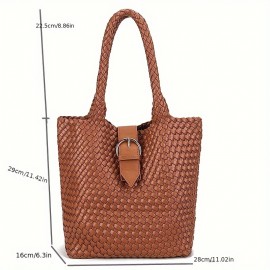 Handwoven Tote Bag for Women - Classic Large Capacity Synthetic Faux Leather Shoulder Bag with Double Handles, Elegant Black Travel & Commuter Handbag with Secure Buckle Closure, Everyday Carry Bag, Durable Stitched Detail