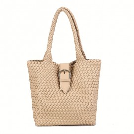 Handwoven Tote Bag for Women - Classic Large Capacity Synthetic Faux Leather Shoulder Bag with Double Handles, Elegant Black Travel & Commuter Handbag with Secure Buckle Closure, Everyday Carry Bag, Durable Stitched Detail