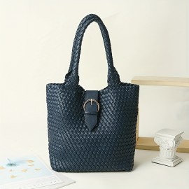 Handwoven Tote Bag for Women - Classic Large Capacity Synthetic Faux Leather Shoulder Bag with Double Handles, Elegant Black Travel & Commuter Handbag with Secure Buckle Closure, Everyday Carry Bag, Durable Stitched Detail