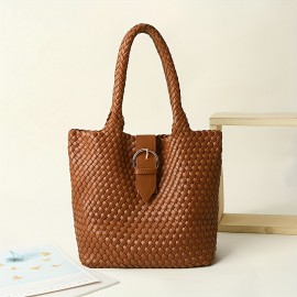 Handwoven Tote Bag for Women - Classic Large Capacity Synthetic Faux Leather Shoulder Bag with Double Handles, Elegant Black Travel & Commuter Handbag with Secure Buckle Closure, Everyday Carry Bag, Durable Stitched Detail