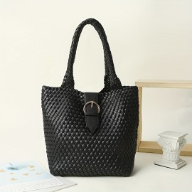 Handwoven Tote Bag for Women - Classic Large Capacity Synthetic Faux Leather Shoulder Bag with Double Handles, Elegant Black Travel & Commuter Handbag with Secure Buckle Closure, Everyday Carry Bag, Durable Stitched Detail