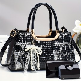 A Three-Piece Handbag Set, Spacious And Stylish for Shopping, Featuring Trendy Crocodile Pattern Fabric.