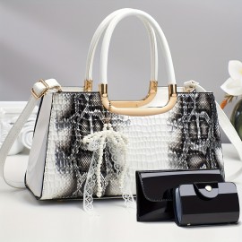 A Three-Piece Handbag Set, Spacious And Stylish for Shopping, Featuring Trendy Crocodile Pattern Fabric.