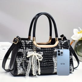 A Three-Piece Handbag Set, Spacious And Stylish for Shopping, Featuring Trendy Crocodile Pattern Fabric.