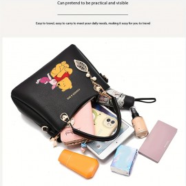 1pc & Piglet Wo 's handbag - Detachable Strap, Golden-Tone Hardware & Leaf Charm, Purse with Zipper Closure, White/Black Animal Print for Casual & Formal Outfits, Versatile Travel Purse, Durable Handbag