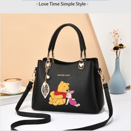 1pc & Piglet Wo 's handbag - Detachable Strap, Golden-Tone Hardware & Leaf Charm, Purse with Zipper Closure, White/Black Animal Print for Casual & Formal Outfits, Versatile Travel Purse, Durable Handbag