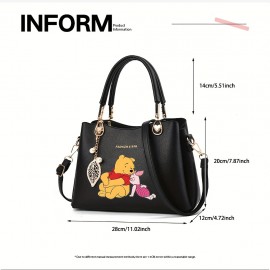 1pc & Piglet Wo 's handbag - Detachable Strap, Golden-Tone Hardware & Leaf Charm, Purse with Zipper Closure, White/Black Animal Print for Casual & Formal Outfits, Versatile Travel Purse, Durable Handbag