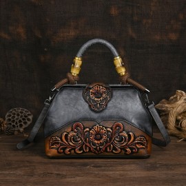 Women'S Vintage Floral-engraved Synthetic Handbag - Elegant Crossbody/Shoulder Bag with Detachable Strap, Magnetic Closure & Golden-Tone Hardware, /Grey/Green/, Polyester - Versatile Everyday & Special Occasion Purse