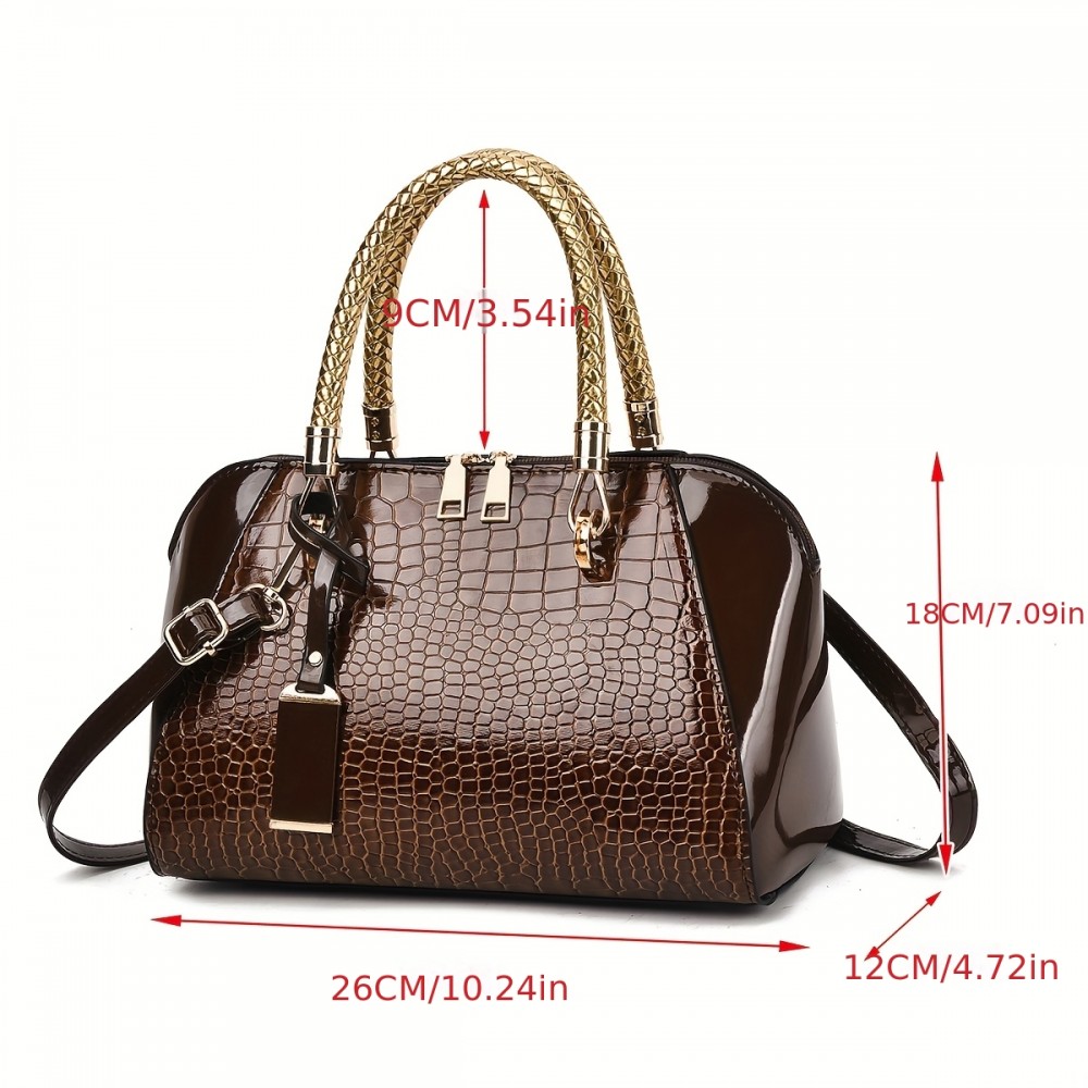 Women'S Patent Leather Handbag - Elegant Crocodile-like texture, Zipper Closure, Golden-Tone Hardware, Available in, Coffee Brown, Navy, Burgundy Red - Formal & Everyday Purse for Women, Versatile Accessory, Sophisticated Design, Premium Detailing