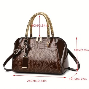 Women'S Patent Leather Handbag - Elegant Crocodile-like texture, Zipper Closure, Golden-Tone Hardware, Available in, Coffee Brown, Navy, Burgundy Red - Formal & Everyday Purse for Women, Versatile Accessory, Sophisticated Design, Premium Detailing