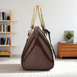 Women'S Patent Leather Handbag - Elegant Crocodile-like texture, Zipper Closure, Golden-Tone Hardware, Available in, Coffee Brown, Navy, Burgundy Red - Formal & Everyday Purse for Women, Versatile Accessory, Sophisticated Design, Premium Detailing