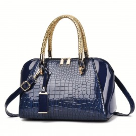 Women'S Patent Leather Handbag - Elegant Crocodile-like texture, Zipper Closure, Golden-Tone Hardware, Available in, Coffee Brown, Navy, Burgundy Red - Formal & Everyday Purse for Women, Versatile Accessory, Sophisticated Design, Premium Detailing