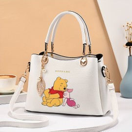 1pc & Piglet Wo 's handbag - Detachable Strap, Golden-Tone Hardware & Leaf Charm, Purse with Zipper Closure, White/Black Animal Print for Casual & Formal Outfits, Versatile Travel Purse, Durable Handbag