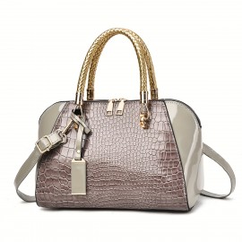 Women'S Patent Leather Handbag - Elegant Crocodile-like texture, Zipper Closure, Golden-Tone Hardware, Available in, Coffee Brown, Navy, Burgundy Red - Formal & Everyday Purse for Women, Versatile Accessory, Sophisticated Design, Premium Detailing