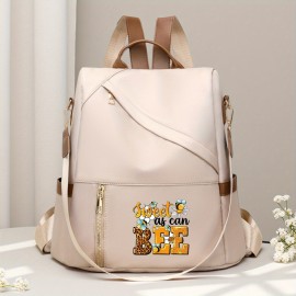 Sweet as Can Bee Women's Fashion Backpack - Playful Bee & Floral Print, Large Capacity with Multiple Pockets, Durable Polyester, Adjustable Straps, Beige/Black, Machine Washable for Casual & Professional Use, Soft Shell Design, Zipper Closure