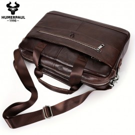Vintage Brown Leather Men's Business Shoulder Bag - Genuine Leather Messenger Handbag with Adjustable Strap, Multiple Compartments & Zippers for Office Use, Professional Attache Case | Stylish Zipper Bag | Leather Briefcase