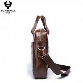 Vintage Brown Leather Men's Business Shoulder Bag - Genuine Leather Messenger Handbag with Adjustable Strap, Multiple Compartments & Zippers for Office Use, Professional Attache Case | Stylish Zipper Bag | Leather Briefcase
