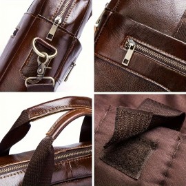 Vintage Brown Leather Men's Business Shoulder Bag - Genuine Leather Messenger Handbag with Adjustable Strap, Multiple Compartments & Zippers for Office Use, Professional Attache Case | Stylish Zipper Bag | Leather Briefcase