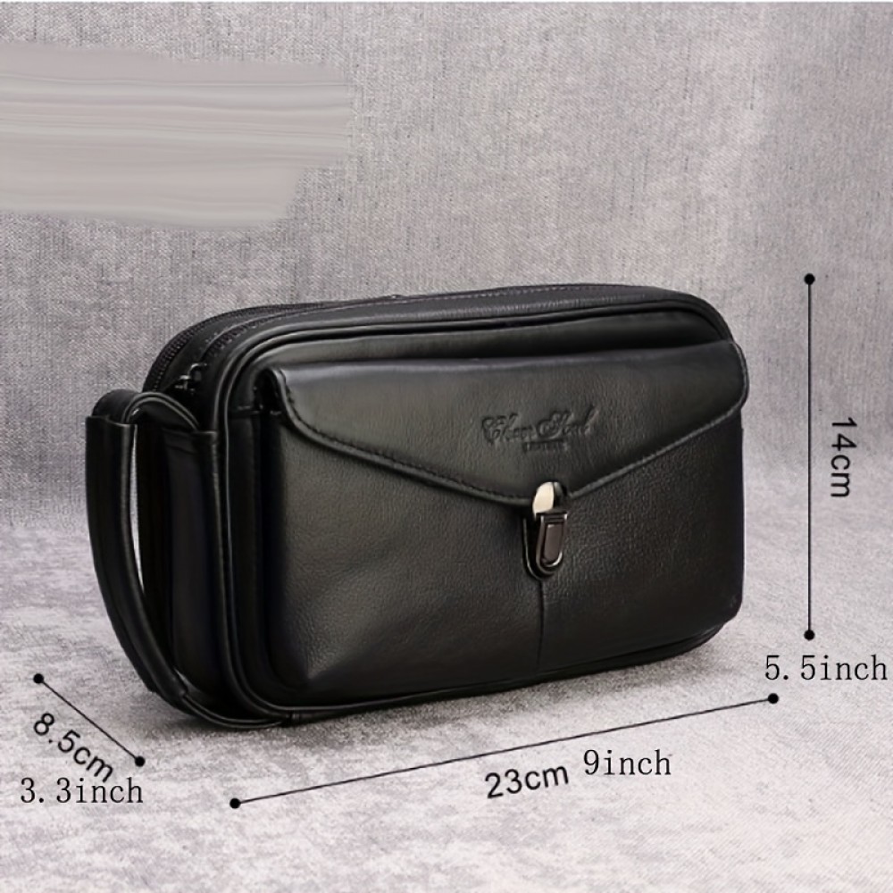 Men's Genuine Leather Handbag - Large Capacity Luxury Brown Cowhide Clutch with Golden-Tone Hardware, Top Handle & Zipper Closure, Spacious Interior for Business, Travel, Everyday Use - Durable & Stylish Men's Wallet & Organizer Bag