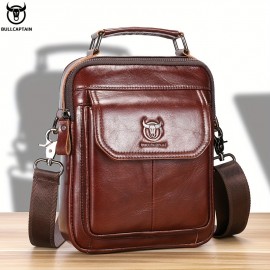 [Durable Leather Bag] Bull Captain Men's Large Capacity Shoulder Bag | Brown Leather, Multi-Compartment, Adjustable Strap, Durable and Stylish for Everyday Use