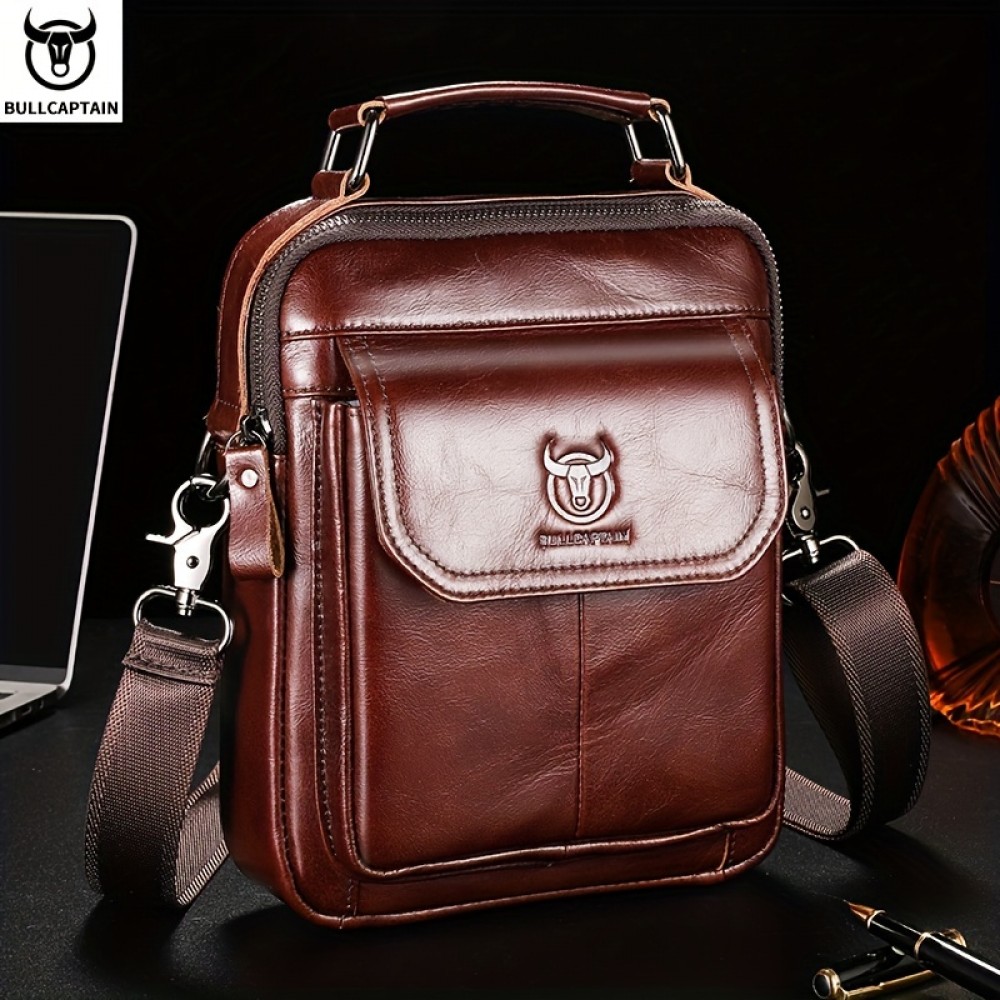 [Durable Leather Bag] Bull Captain Men's Large Capacity Shoulder Bag | Brown Leather, Multi-Compartment, Adjustable Strap, Durable and Stylish for Everyday Use