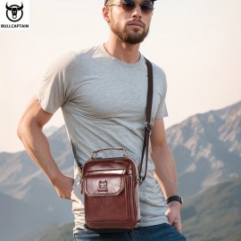 [Durable Leather Bag] Bull Captain Men's Large Capacity Shoulder Bag | Brown Leather, Multi-Compartment, Adjustable Strap, Durable and Stylish for Everyday Use