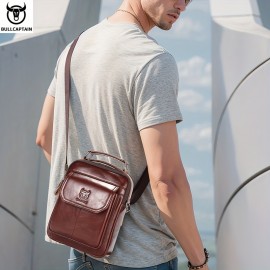 [Durable Leather Bag] Bull Captain Men's Large Capacity Shoulder Bag | Brown Leather, Multi-Compartment, Adjustable Strap, Durable and Stylish for Everyday Use