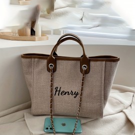 Personalized Embroidered Canvas Tote Bag - Custom Name Large Capacity Shoulder Bag with Chain Strap, Khaki Canvas Bridesmaid Gift, Summer Beach & Backpack Accessory, Ideal Birthday Anniversary Present for Girlfriend Mom Family Friends, Bridesmaid Gift Bag, Elegant Accessory, Sturdy Handle Construction
