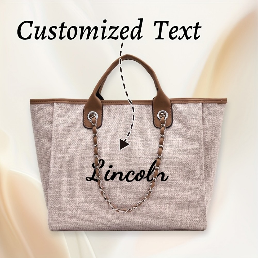 Personalized Embroidered Canvas Tote Bag - Custom Name Large Capacity Shoulder Bag with Chain Strap, Khaki Canvas Bridesmaid Gift, Summer Beach & Backpack Accessory, Ideal Birthday Anniversary Present for Girlfriend Mom Family Friends, Bridesmaid Gift Bag, Elegant Accessory, Sturdy Handle Construction