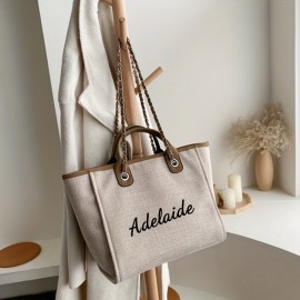 Personalized Embroidered Canvas Tote Bag - Custom Name Large Capacity Shoulder Bag with Chain Strap, Khaki Canvas Bridesmaid Gift, Summer Beach & Backpack Accessory, Ideal Birthday Anniversary Present for Girlfriend Mom Family Friends, Bridesmaid Gift Bag, Elegant Accessory, Sturdy Handle Construction