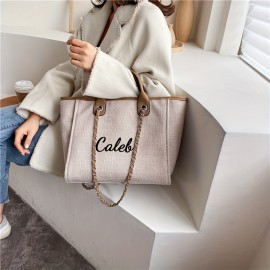 Personalized Embroidered Canvas Tote Bag - Custom Name Large Capacity Shoulder Bag with Chain Strap, Khaki Canvas Bridesmaid Gift, Summer Beach & Backpack Accessory, Ideal Birthday Anniversary Present for Girlfriend Mom Family Friends, Bridesmaid Gift Bag, Elegant Accessory, Sturdy Handle Construction