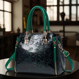 Women's Vintage Floral Enamel Handbag with Detachable Shoulder Strap & Zipper Closure - Multi-Compartment Tote for Commuting, Work, Travel - Includes Matching handbag (Light Purple/Red/Green/Blue/Golden/Black)