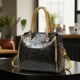 Women's Vintage Floral Enamel Handbag with Detachable Shoulder Strap & Zipper Closure - Multi-Compartment Tote for Commuting, Work, Travel - Includes Matching handbag (Light Purple/Red/Green/Blue/Golden/Black)