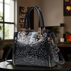 Women's Vintage Floral Enamel Handbag with Detachable Shoulder Strap & Zipper Closure - Multi-Compartment Tote for Commuting, Work, Travel - Includes Matching handbag (Light Purple/Red/Green/Blue/Golden/Black)